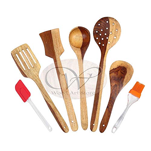 WOOD ART STORE Wooden Kitchen Utensil Set 5 Cooking and Serving Utensils Spatula Spoons for Cooking Nonstick Cookware Handmade by Natural Sheesham Wood with One Silicon Brush and Silicon Spatula