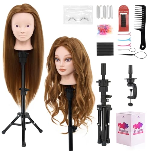 Mannequin Head 80% Human Hair with Tripod Stand, 28 Inch Makeup Cosmetology Manikin Head Braiding Mannequin Head with stand, Hairdressing Training Practice Doll Head for Hair Styling with Table Clamp