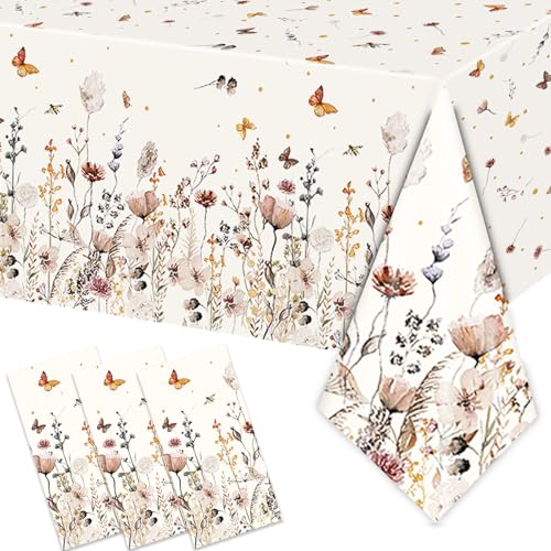 XueXiceili 3PCS Wildflower Party Tablecloth for Girls Baby Shower Boho Spring Floral Birthday Wedding Party Decorations Flower Tablecover for 20 Guests