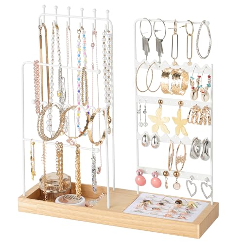 LAMU Jewelry Holder Organizer, 5-Tier Jewelry Stand with Metal Tree, Velvet Ring Holder, Anti Entanglement Necklace Holder and Studs Bracelet Earrings Display, Birthday Gifts for Women Girls, White