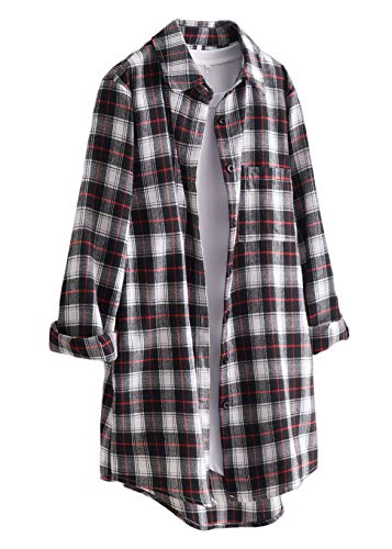 Minibee Women's Cotton Blouses Tops Plaid Long Sleeve High Low Button Down Shirts Tunic White M