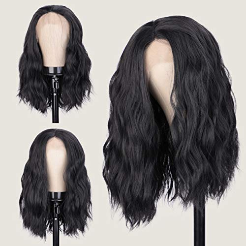 AISI QUEENS Bob Wavy Lace Front Wigs for Women Synthetic Short Black Curly Wig Middle Parting Shoulder Length Wigs for Daily Party Use(14 Inches)