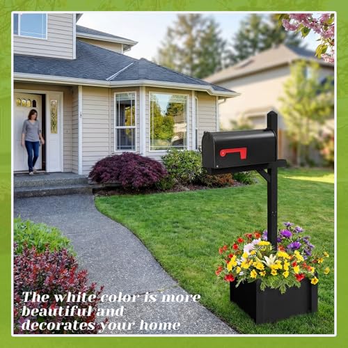 Colingmill 55\'\' Wooden Mailbox Post with Planter Box and Black Mail Box, Black Decorative Outside Mailbox Post for Yard, Garden, Curbside