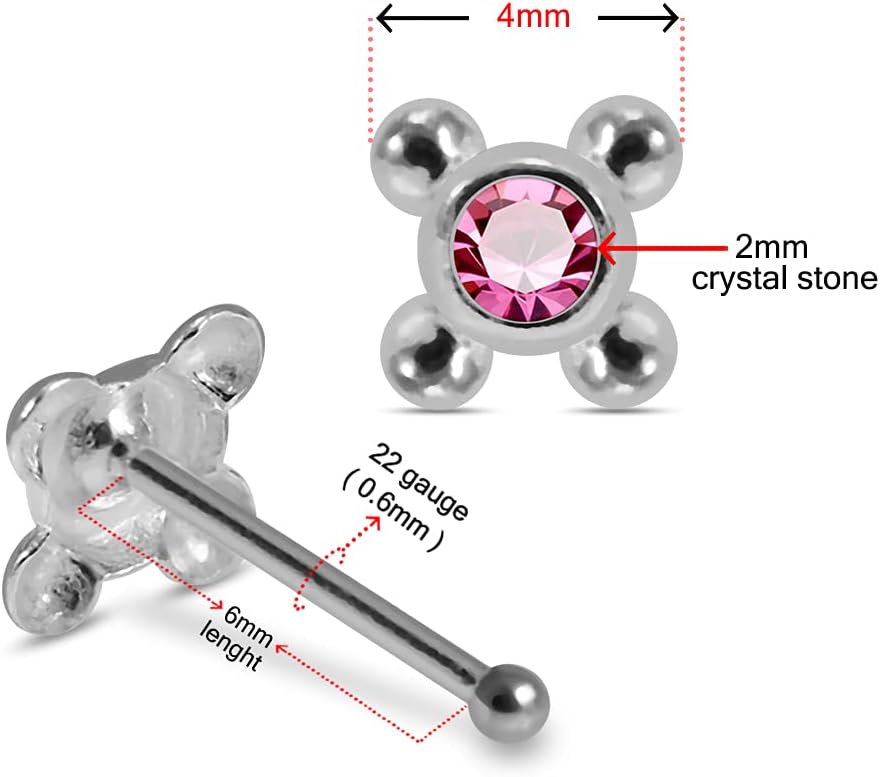Crystal Stone Four Dot Ball 22 Gauge 925 Sterling Silver Ball End Nose Pin - Nose Stud - Tiny Nose Ring - Nose Piercing Body Jewelry