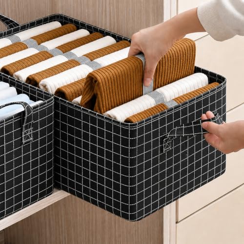 Image of HomeCloud Foldable Cloth Basket for Storage with Metal Frame and Handles, Clothes Organizer for Wardrobe, Clothing Storage Solutions (Black, Set of 6)