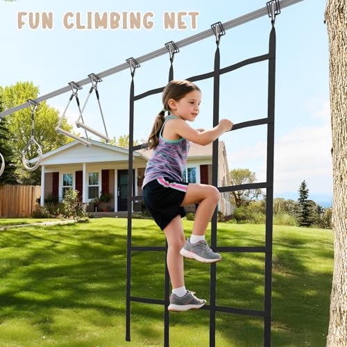 Hapfan 60 FT Ninja Warrior Obstacle Course Swing Set for Kids with Weather-Proof Accessories, Outdoor Playset with Monkey Bars for Backyard