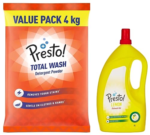 Image of Presto! Total Wash Detergent Powder 4 Kg Value Pack And Dish Wash Gel-2 L(Lemon)