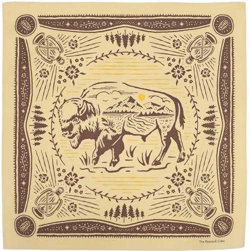 The Peacock Crew Western Buffalo Brown Bandana (22x22 Inch) - Cotton Handkerchief for Men & Women - American Bison Art & Cowboy Print