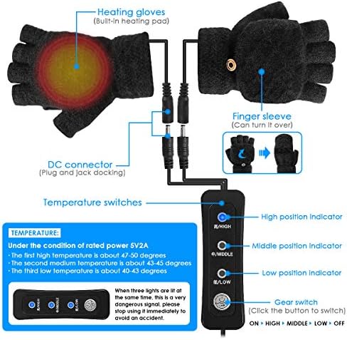 1 Pair USB Heated Gloves Women Men Mitten Winter Hands Warm Laptop Gloves With 3 Setings Full Half Fingers Heating Warm Gloves for Indoor or Outdoor