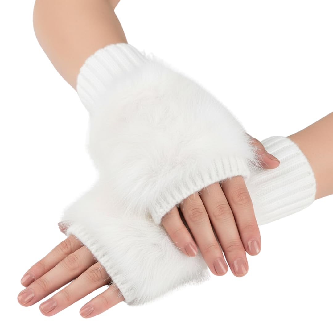 Handstulpen Damen, Fingerlose Handschuhe mit Keildaumen Weiche Strick Pulswärmer Armstulpen mit Kunstfell für Alltag, Büro, Outdoor