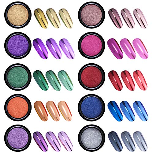 Duufin 10 Boxen Nagel Spiegel Pulver, Mirror Powder Nägel mit 10 Pcs Lidschatten Pinsel, für Maniküre – Bild 3