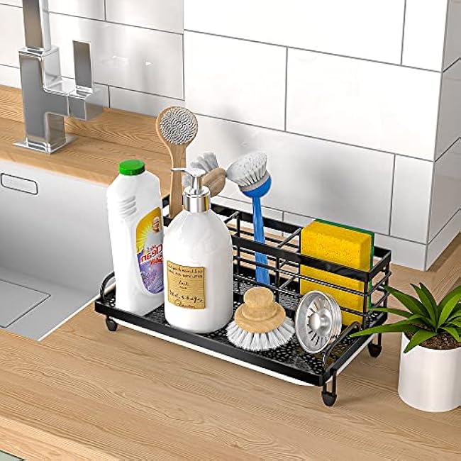 Cisily Large Kitchen Sink Caddy Organizer, Rustproof Non-Slip Soap Dish Dispenser Brush, Sponge Holder for Kitchen Sink, Kitchen Organization and Storage, Home Essentials Accessories£¨Black£©