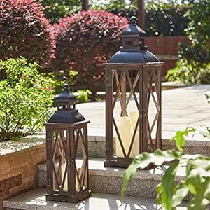 Glitzhome 2 Pack Farmhouse Wood/Metal Decorative Candle Lanterns Vintage Hanging Lantern for Patio - Tabletop, Black (No Glass) Glitzhome 2 Pack Farmhouse WoodMetal Decorative Candle Lanterns Vintage Hanging Lantern for Patio Tabletop Black No Glass