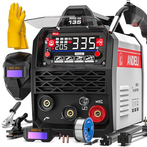 ANDELI 135A MIG Welder 110V/220V, PULSE Flux Core MIG/Lift Tig/Stick 3-in-1 Gasless MIG Welding Machine with Synergy，Large LED Display,2T/4T Full Kit (Bonus Welding Helmet & Gloves)