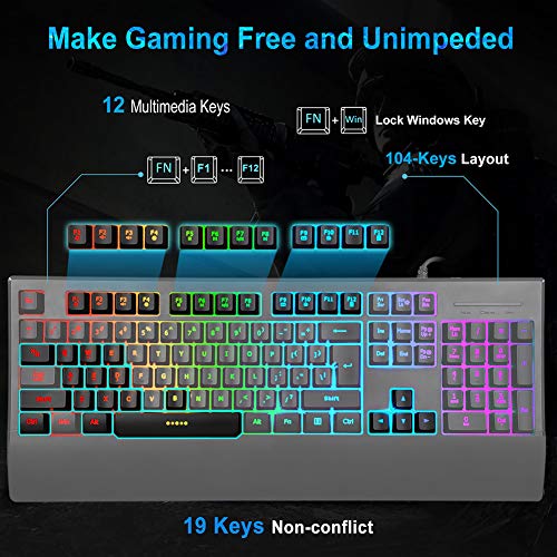 Gaming Keyboard and Mouse Combo, MFTEK RGB Rainbow Backlit Gaming Keyboard and Illuminated Gaming Mouse Set, Programmable Keyboard with Wrist Rest for Gaming Office Working - Thumbnail 4