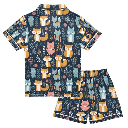 senya Cute Fox on Forest Satin Summer Pajama Sets Silk Short Sleeve Button Down Sleepwear2