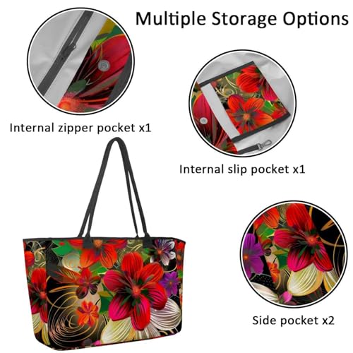 Large Beach Bag for Women, Daisy Flower Colorful Painting Travel Tote with Pockets Waterproof Shoulder Handbag2