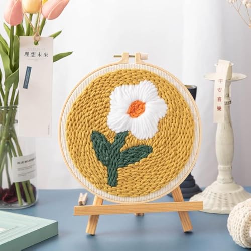 Punch Needle Kit Rug Set Embroidery Kits for Beginner Starter Kits with Stamped Color Pattern Instruction Yarn Adjustable Pen Hoop for Rug Hooking DIY Tools Set(A White Flower)