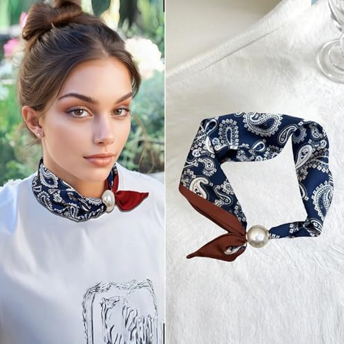 Women’s Silk Pearl magnetic buckle Scarf with Charm Buckle Satin Square Scarf for Neck Retro Floral Print，hair band2