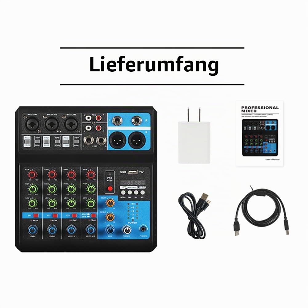 DJ Mischer 5-Kanal Professional 48V USB Mini Audio Mixer Audio Mischpult DJ Konsole Soundboard für Stereoanlage Streaming