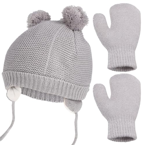 Winter Fleece Hat and Mittens Warm Gloves for Boys and Comfortable Thermal Cap for Daily Activities for and School Grey