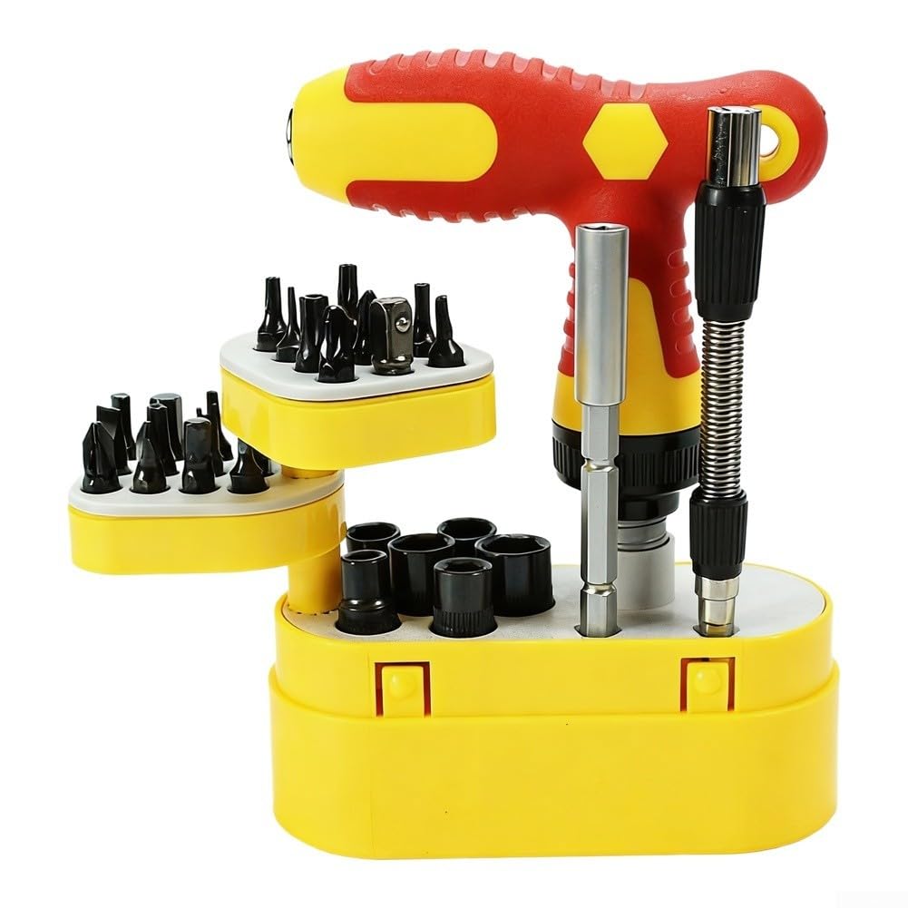 Eawfgtuw Juego de destornilladores de trinquete en forma de T con mecanismo bidireccional, varilla extensible para un alcance profundo, mango ergonómico de polipropileno, puntas de metal para