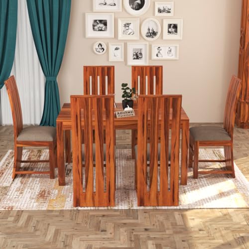 Image of Solid Sheesham Wood 6 Seater Dining Table Set with Cushioned Chairs for Dining Room | Living Room | Home & Office | Hotels Restaurant & Cafe (6 Seater, Honey B)