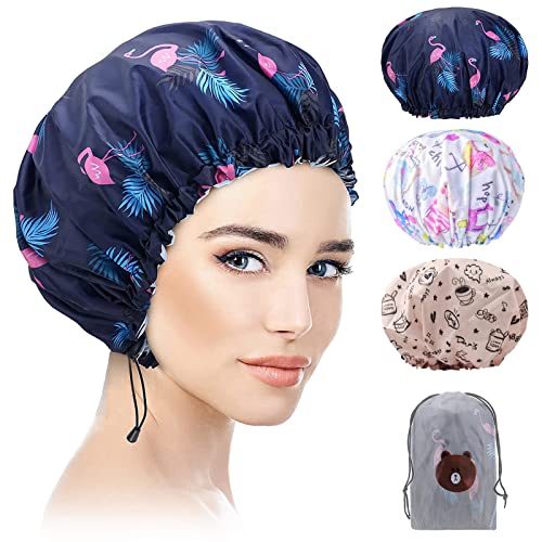 Eagool Bonnet de Douche 3 Pcs, Extra-Large & Réglable & à Double Couche Imperméable Bonnet de Douche Femme, Extérieur Imperméable & Doublure EVA, Conception Surdimensionnée Pour Tous Les Cheveux Cover