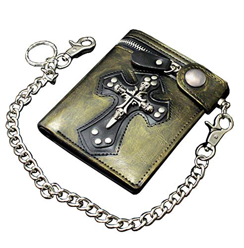 Cool Mens Gothic Punk Vintage Gold Leather Momey/Card Wallet with Safe pants chain