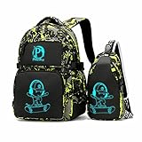 Pawsky Skateboard Anime Luminous Backpack School Backpack with USB Charging Port for Teen Boys, College School Bookbag Lightweight Laptop Bag with Sling Bag Set, Green