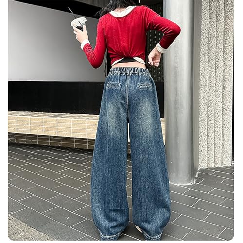 Girls Jeans Elastic Waist Straight Baggy Wide Leg Denim Pants Kids Teens Soft Comfortable Trousers2