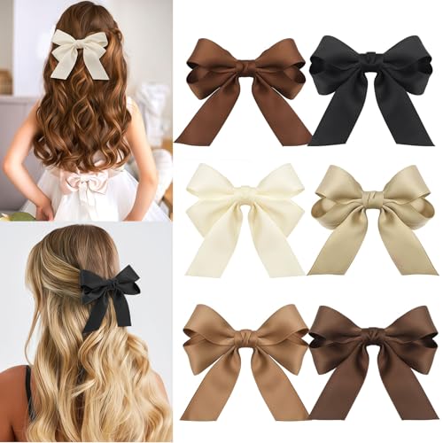 Zosutetoxo 6-Piece Hair Clips for Women: Soft Satin Hair Bows with Non-Slip Clip, Brown Hair Clip for Curly and Straight Hair, Elegant Hair Accessories for Party and Wedding