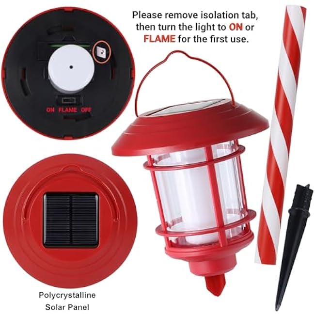 Dynaming 6 Pack Christmas Solar Flame Garden Lights Outdoor, Dual Use Flickering Flame Torch Candy Cane Pathway Marker, Xmas Hanging Lantern Lights, Waterproof & Auto On/Off for Patio Walkway Driveway