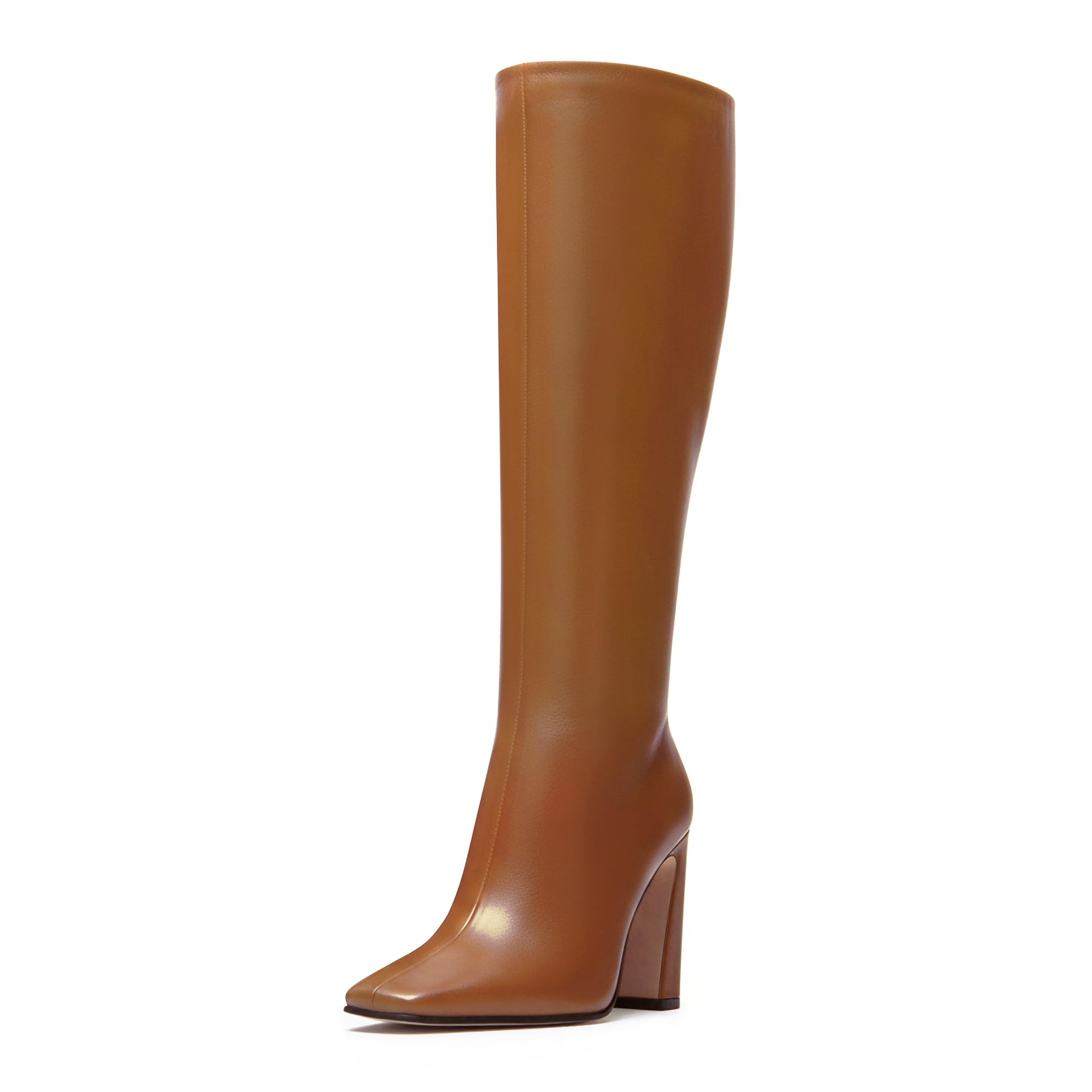 DREAMCIA Knee High Boots Women Chunky Block Heel Square Toe Leather Boots Fashion Tall Dress Boots Long Fall