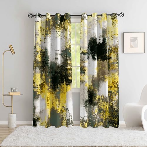 Image of Asuexpect Abstract Curtains 2 Panels Abstract Rust Curtain Room Darkening Grommet Window Treatments Modern Decorative for Bedroom Living Room, 52x96 Inches, Black Yellow