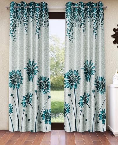Image of Home Sizzler 2 Pieces Sunflower Panel Eyelet Polyester Door Curtains - 7 Feet, Turquoise Green
