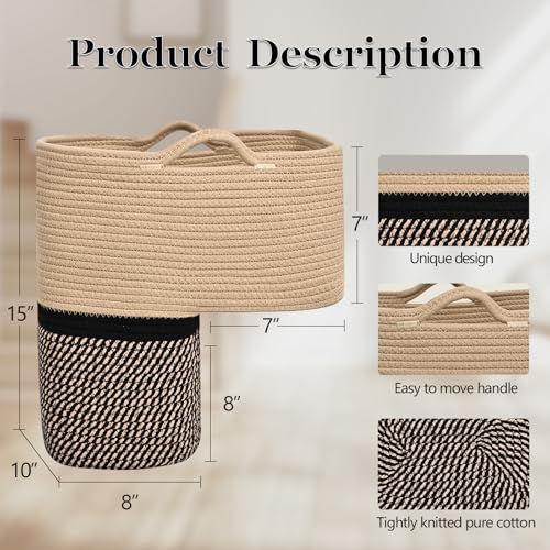 Image of Woven Stair Basket, Stair Baskets for Wooden Stairs, Carpeted Stairs Storage Basket with Handles, Staircase Baskets for Toys, Books, Black, 15 inch L x 10 inch W x 15 inch H