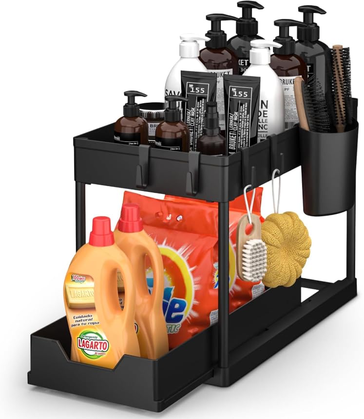 Image of 2 Tier Under Sink Storage Organizer with Hooks | Pull Out Cabinet Rack for Kitchen & Bathroom | Multi-Purpose Under Sink Storage Shelf for Kitchen Cabinets & Bathroom Counter