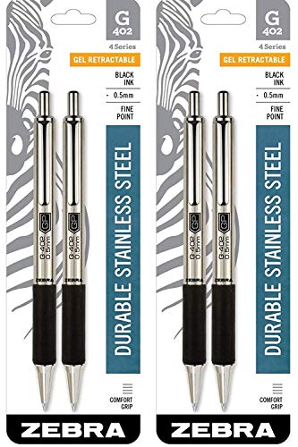 Zebra F-402 Edelstahl-Gelschreiber – 2er Pack, 0,5 Mm Fein, Schwarze Tinte, Rutschfest & Langlebig