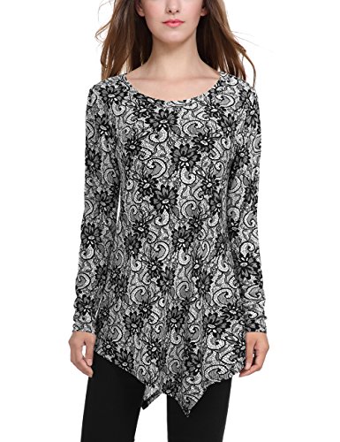 BAISHENGGT Women's Mesh Floral Print Irregular Hem Tunic Top
