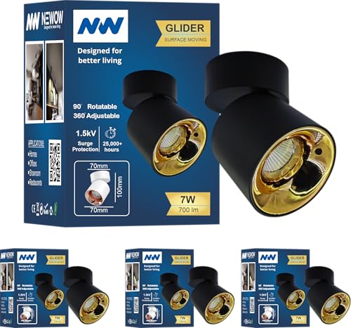 Image of NW 7W Glider SF Moveable Black With Gold Aluminium 360 Degree Adjustable Cylindrical Shape LED Surface Light | COB Light | Wall Light | Down Light | Spot Light | Light Color- Warm White (Pack of 4)