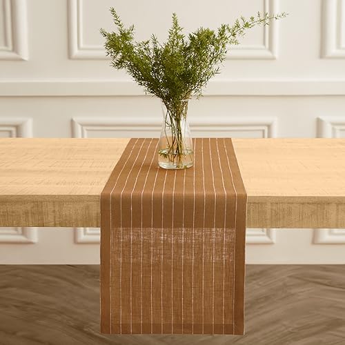 Solino Home Linen Striped Table Runner 120 Inches Long - Pinstripe 100% Pure Linen Camel and White Dining Table Runner 14 x 120 Inch