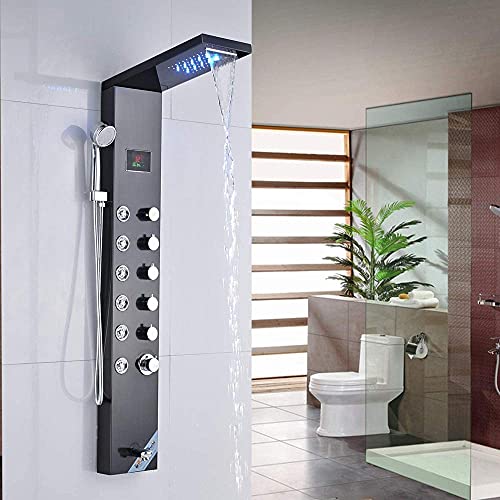 Shower Tower System LED Blue Shower Head Rain and Waterfall Shower Massage Jets Hand Sprayer Tub Spout LED Temperature Display 6 Handles Shower Panel miniatura 1