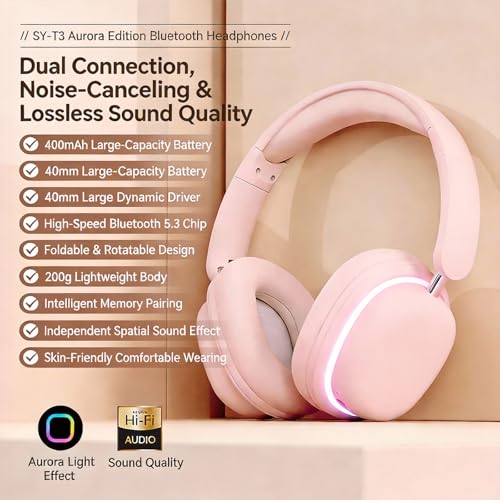 Image of Over-Ear Wireless Bluetooth Headphones with 5.3 Chip, 20H Playtime, 40mm Drivers, Foldable & Lightweight Design, RGB Lighting, Dual Mic for Clear Calls, Compatible with PC /Phone, SY-T3 Pink.