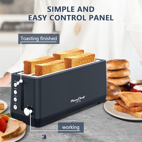 Image of Plum chef 4-Slice Toaster, Extra Wide Long Slot Toaster, 6 Browning Settings, Bagel /Defrost /Reheat Functions, Removable Crumb Tray, Stainless Steel Housing 1350W，Matte Black