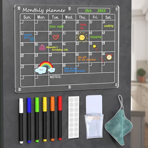 ENESNES Acrylic Calendar for Fridge,Magnetic Calendar for Refrigerator,1Pack 12"x16" Clear Fridge Calendar Dry Erase Magnetic Planning Boards, Includes 6 Colorful Highlight Markers,Magnetic Pen Holder
