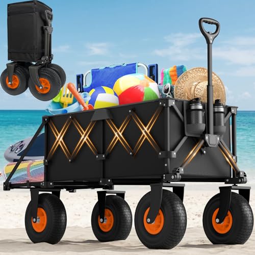 Beach Wagon with Big Wheels for Sand - Heavy Duty 10' Wheel Collapsible Wagons Foldable Large Wagon Cart Folding All Terrain for Camping