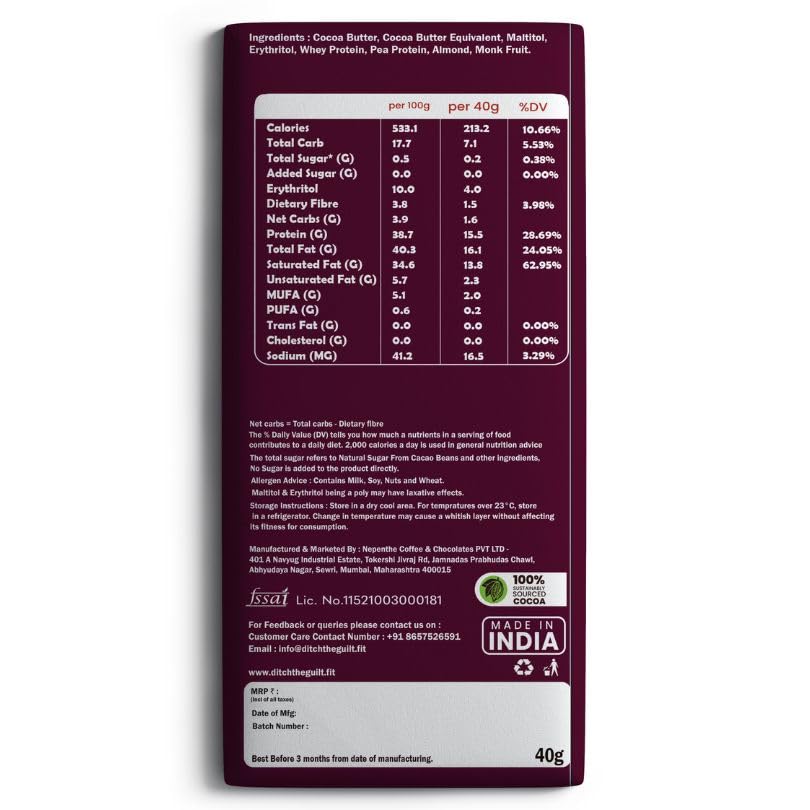 Image of Ditch the guilt - California Roasted - Sugar Free Dark Chocolate - 15g Protein - 1g Natural Sugar - 1.3g Carbs - 40g