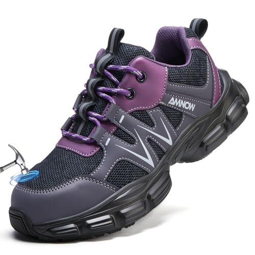 Image of Hogent Steel Toe Shoes for Women Men Wide Non Slip Work Sneakers Indestructible Shoes Lightweight Breathable Construction Sneakers Puncture Proof Ergonomic Design