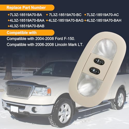 Image of LED Overhead Console Dome Map Light Interior Lamp Roof Reading Light, Beige | Compatible with 2004-2008 Ford F-150 2006-2008 Lincoln Mark LT Replace# 7L3Z-18519A70-BA, 4L3Z-18519A70-BAA